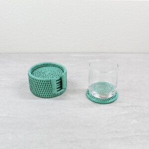 NEW Stylish Tight Woven Rattan Coaster Set with Holder –Set of 6 -Turquoise